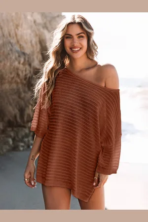 Stylecast Women Acrylic Striped Round Neck Extended Sleeves Semi Sheer Top