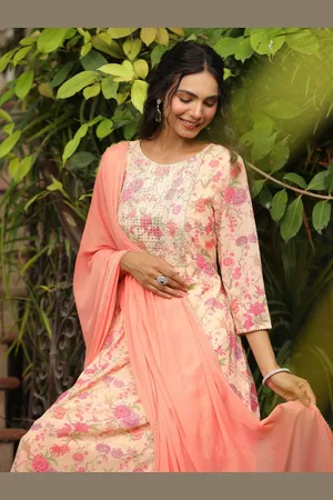 Janasya Floral Printed Sequinned A Line Kurta with Palazzos & With Dupatta