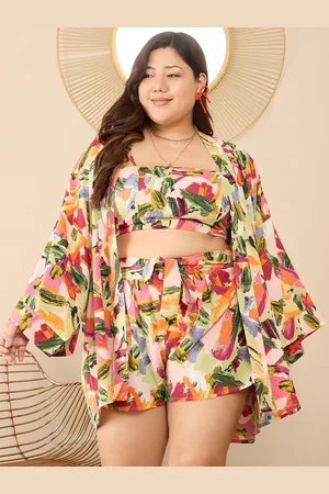 Berrylush Pink and Green Printed Top and Shrug With Shorts