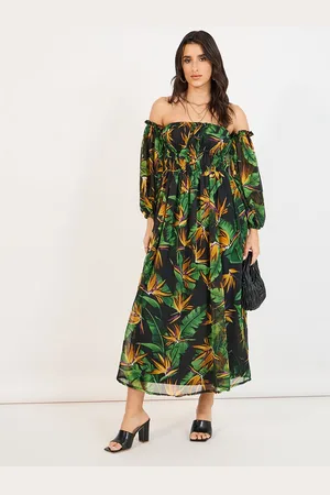 Styli Women Floral Printed Off Shoulder Puff Sleeves A-Line Maxi Dress