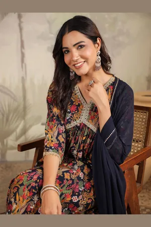 Janasya Floral Printed Gotta Patti Chanderi Silk A-Line Kurta With Trousers & Dupatta