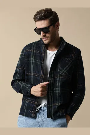 Fort Collins Men Mock Collar Checked Woollen Casual Bomber Jacket