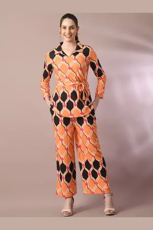 Roadster Orange Geometric Printed Shirt Collar Three-Quarter Sleeves Top & Trouser