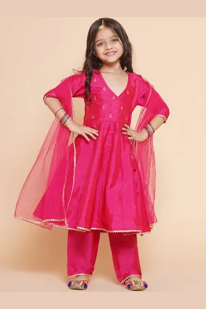 Bhama Girls Embroidered Angrakha Kurta with Trousers & Dupatta