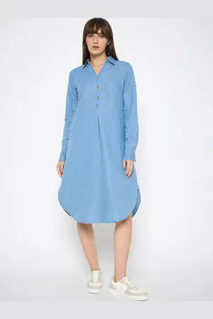 BAESD Women Shirt Collar Denim A-Line Midi Dress
