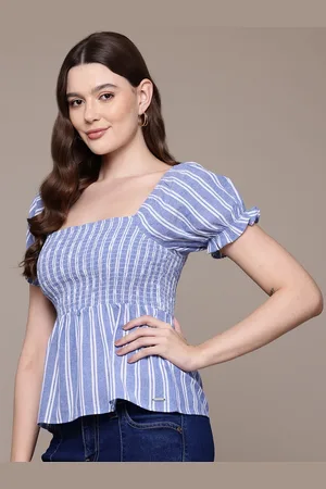 Nautica Striped Puff Sleeve Smocked Peplum Top