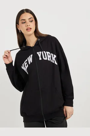 Styli Women Oversized Fit Long Zip Through Slogan Hoodie