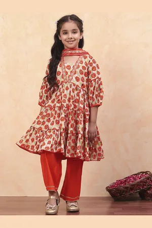 Biba Girls Floral Printed V-Neck Anarkali Kurta with Palazzos & Dupatta