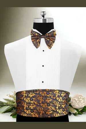 PELUCHE The Woodlot Copse Golden Solid Cummerbund Bow Tie & Pocket Square Set