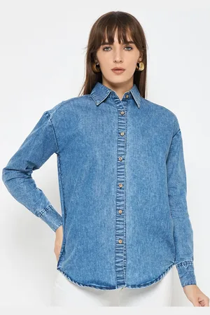 BAESD Women Classic Spread Collar Faded Denim Casual Shirt