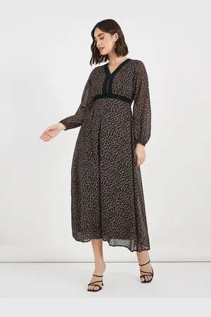 Styli Women Animal Print V-Neck Puff Sleeves A-Line Maxi Dress