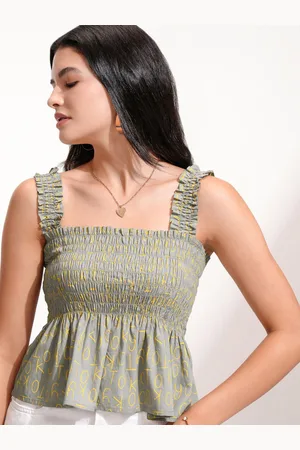 Tokyo Talkies Women Typography Printed Cotton Peplum Crop Top With Smocking