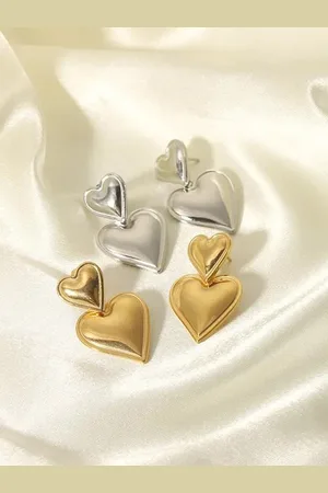 DIVASTRI Set of 2 Gold & Silver-Plated Stainless Steel Heart Shaped Drop Earrings
