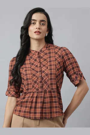 Latin Quarters Women Checked Mandarin Collar Cinched Waist Top