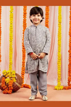 Vastramay Boys Floral Embroidered Thread Work Georgette Straight Kurta with Pyjamas