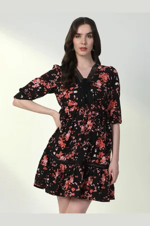 SHOWOFF Women Floral Printed Puff Sleeve Crepe A-Line Mini Dress