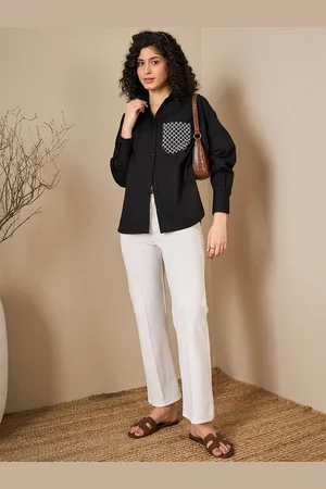 kibo Women Spread Collar Solid Cotton Relaxed Fit Casual Shirt