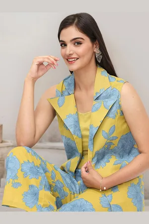 Ishin Yellow Floral Printed Top & Trousers & Jacket