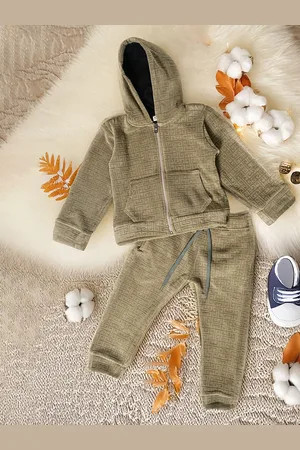 Bella Moda Girls Self Design Hooded Long Sleeves Pure Wool Sweatshirt With Jogger