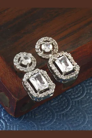Jewar Mandi Silver-Plated Cubic Zirconia Studded Square Drop Earrings
