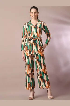 Roadster Green Abstract Printed Shirt Collar Three-Quarter Sleeves Top & Trouser