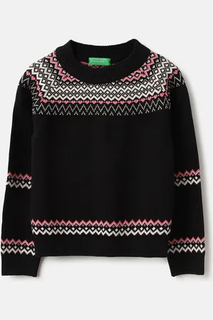 Benetton Girls Pure Cotton Printed Round Neck Long Sleeves Sweaters