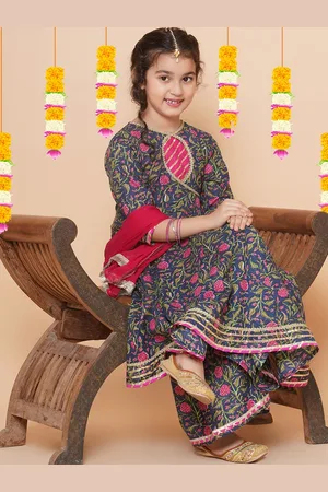 Bhama Girls Floral Printed Angrakha Gotta Patti Pure Cotton Kurta Set