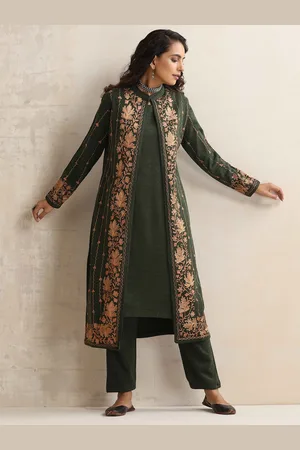 trueBrowns Kashmiri Floral Embroidered Pure Woollen Straight Kurta with Trousers