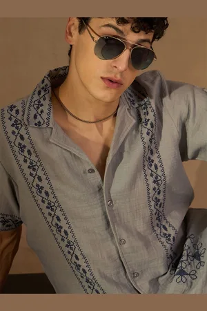 DENNISON Men Embroidered Oversized Cuban collar Short Slevees Traditional Casual Shirt
