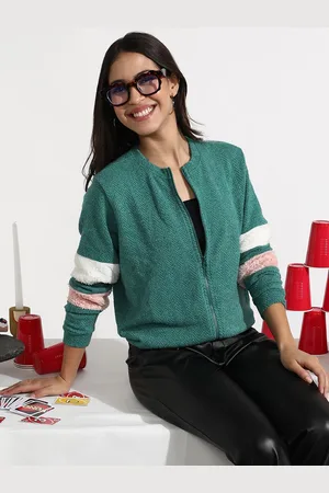 Campus Women Colourblocked Acrylic Lightweight Biker Jacket with Embroidered