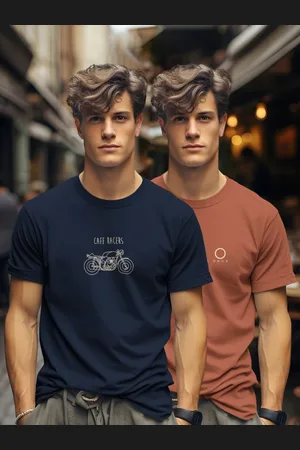 bullmer Men Pack Of 2 Graphic Printed Round Neck Cotton T-shirts