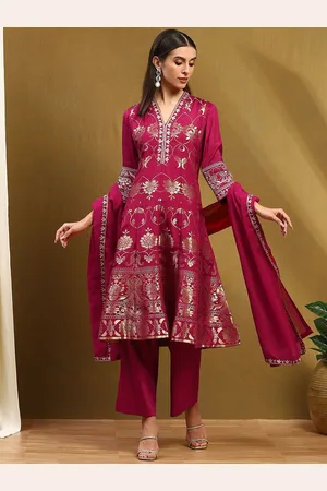 Biba Floral Woven Design Beads and Stones V-Neck A-Line Kurta With Palazzo & Dupatta