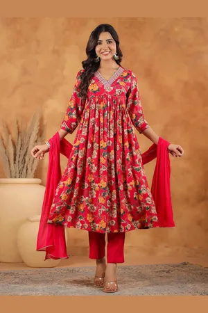 Janasya Floral Printed Pleated Sequinned Chanderi Silk Kurta with Trouser & Dupatta