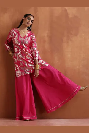 trueBrowns Ethnic Motifs Woven Design V-Neck Brocade Straight Kurta With Sharara