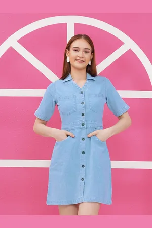 Puella Women Shirt Collar Denim A-Line Dress