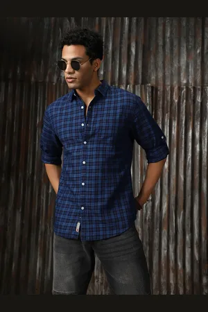 High Star Men Classic Spread Collar Tartan Checked Cotton Casual Shirt