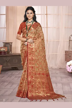 SANGAM PRINTS Woven Design Zari Organza Tussar Saree