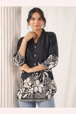 JISORA Women Floral Printed Shirt Collar Pure Silk Top