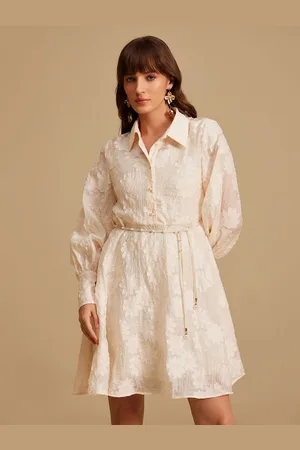 Kazo Women Embroidered Shirt Collar A-Line Mini Dress With Belt
