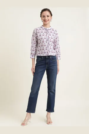 ZARI Women Cotton Printed Mandarin Collar Three-Quarter Sleeves Tunic