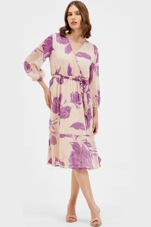Kazo Women Floral Printed Puff Sleeve Wrap Midi Dress