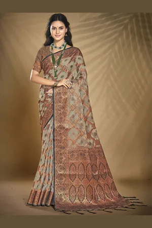 SANGAM PRINTS Woven Design Zari Organza Tussar Saree