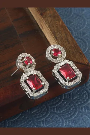 Jewar Mandi Silver-Plated Cubic Zirconia Studded Square Drop Earrings