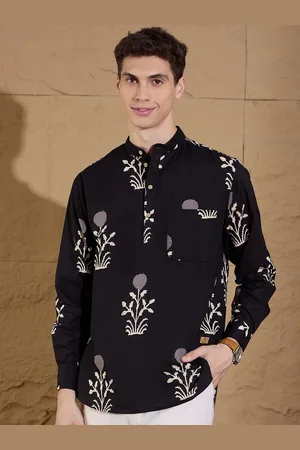 DENNISON Floral Printed Pure Cotton Band Collar Straight Kurta