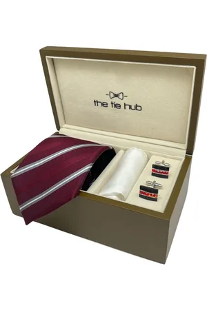 The Tie Hub Men Silk Necktie, Brass Cufflinks & Silk Pocket Square Accessory Gift Set
