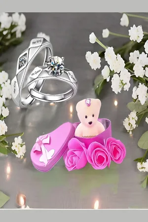 University Silveri-Toned Couple Ring & Mini Teddy Gift Set Valentine
