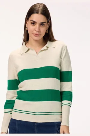 Bombay High Women Horizontal Stripes Colourblocked Shirt Collar Long Sleeves Cotton Top