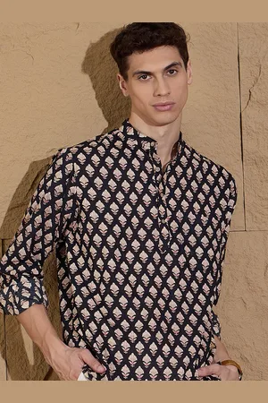 DENNISON Floral Printed Band Collar Pure Cotton Straight Kurta