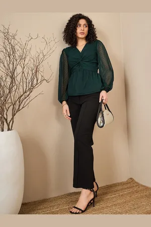 kibo Women Self Design V-Neck Puff Sleeves Top
