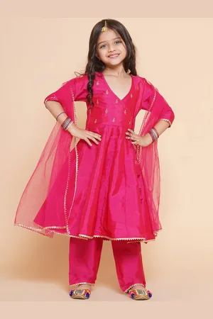 Bhama Girls Embroidered Angrakha Kurta with Trousers & Dupatta